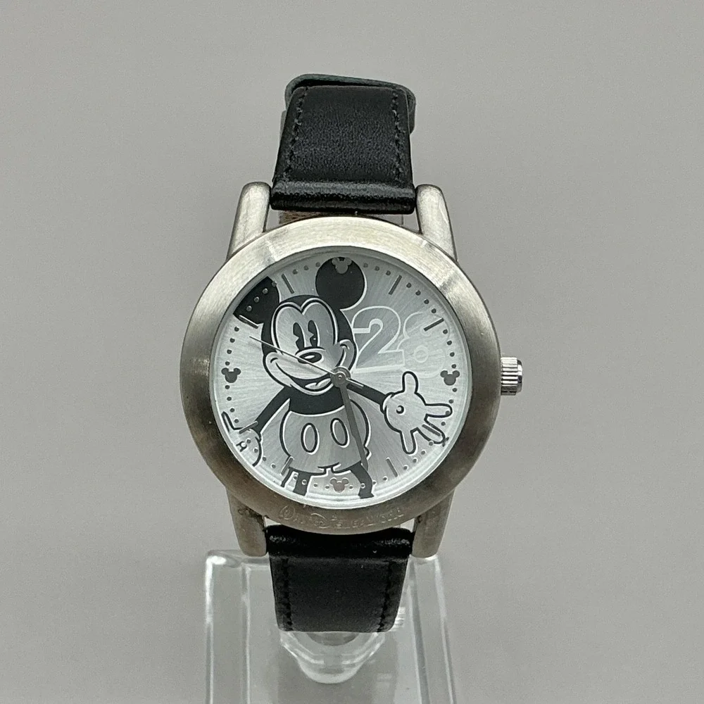 Disney Parks Womens Watch Mickey Mouse‎ Silver Dial Black Leather Quartz Limited
